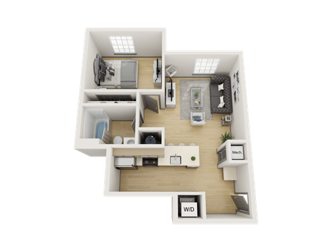 Floor plan for 1 bed, 1 bath, 570 sqft